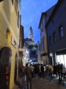 cesky krumlov castle tower far night